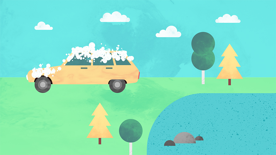 En illustration av en bil, blå himmel, grönt gräs, några träd och en sjö. På bilen, som är gul, är det skum/ bubblor.
